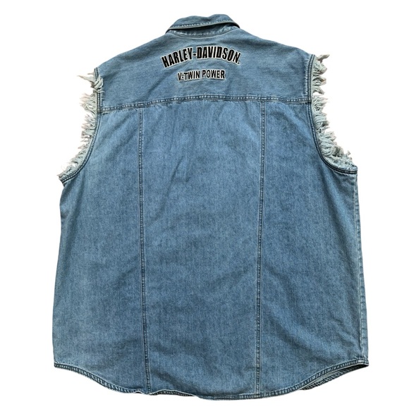 Harley Davidson Denim Trucker Vest Mens Size 2XL Metal Snap Buttons Blue Vintage - Picture 2 of 4